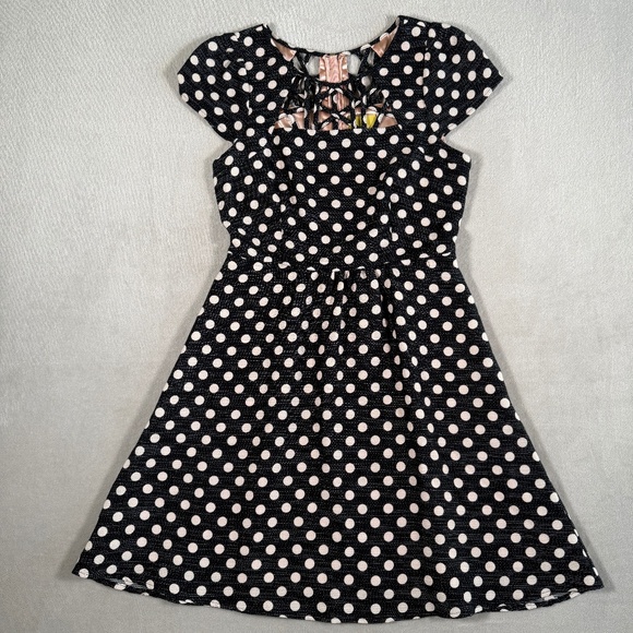 Maeve Anthropologie Dress Womens 4 Black Pink Nikola Polka Dot Lattice Pockets - Picture 2 of 15